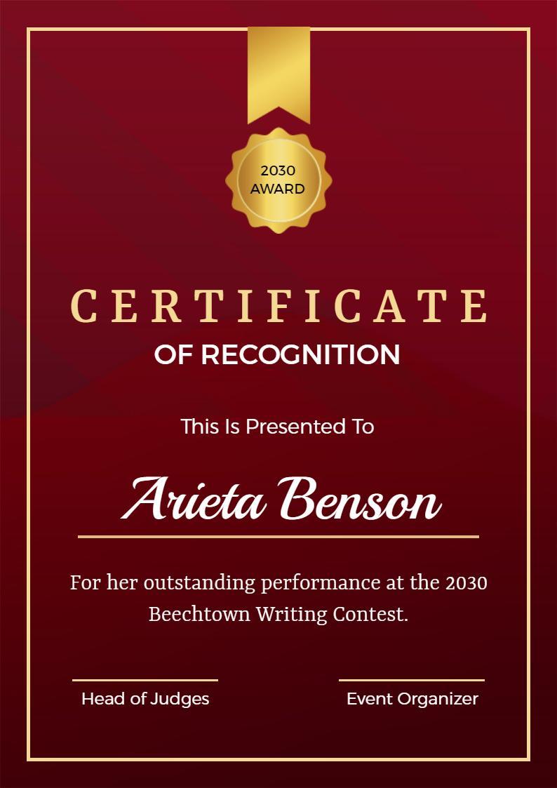 Elegant Red Award Recognition for Writing Contest Certificate Template