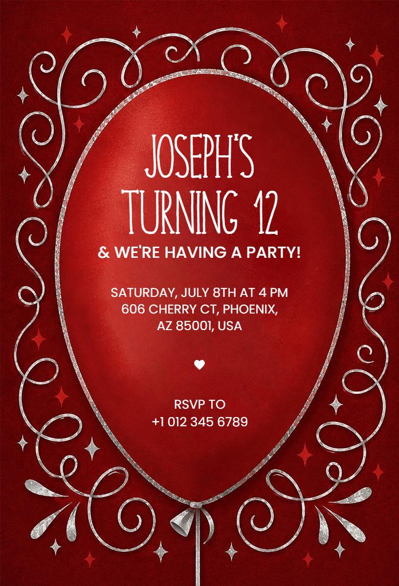 Elegant Red Balloon 12th Birthday Celebration Invitation Template