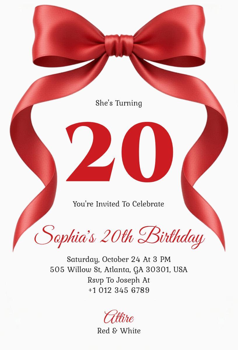 Elegant Red Bow 20th Birthday Celebration Invitation Template