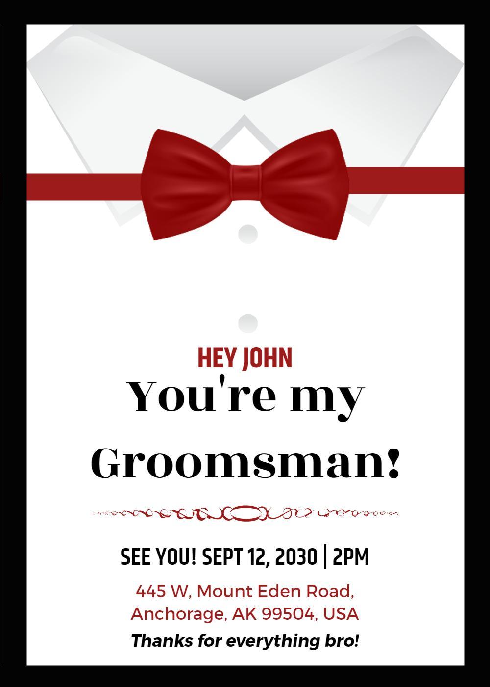 Elegant Red Bowtie Groomsman Invitation Template