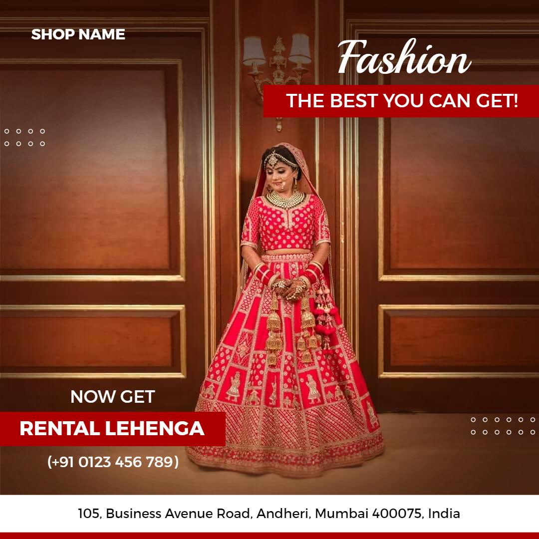 Elegant Red Bridal Lehenga Rental Promotion Ad Template