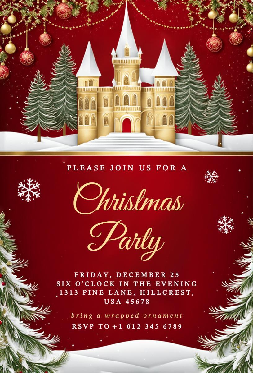 Elegant Red Castle Christmas Party Celebration Invitation Template