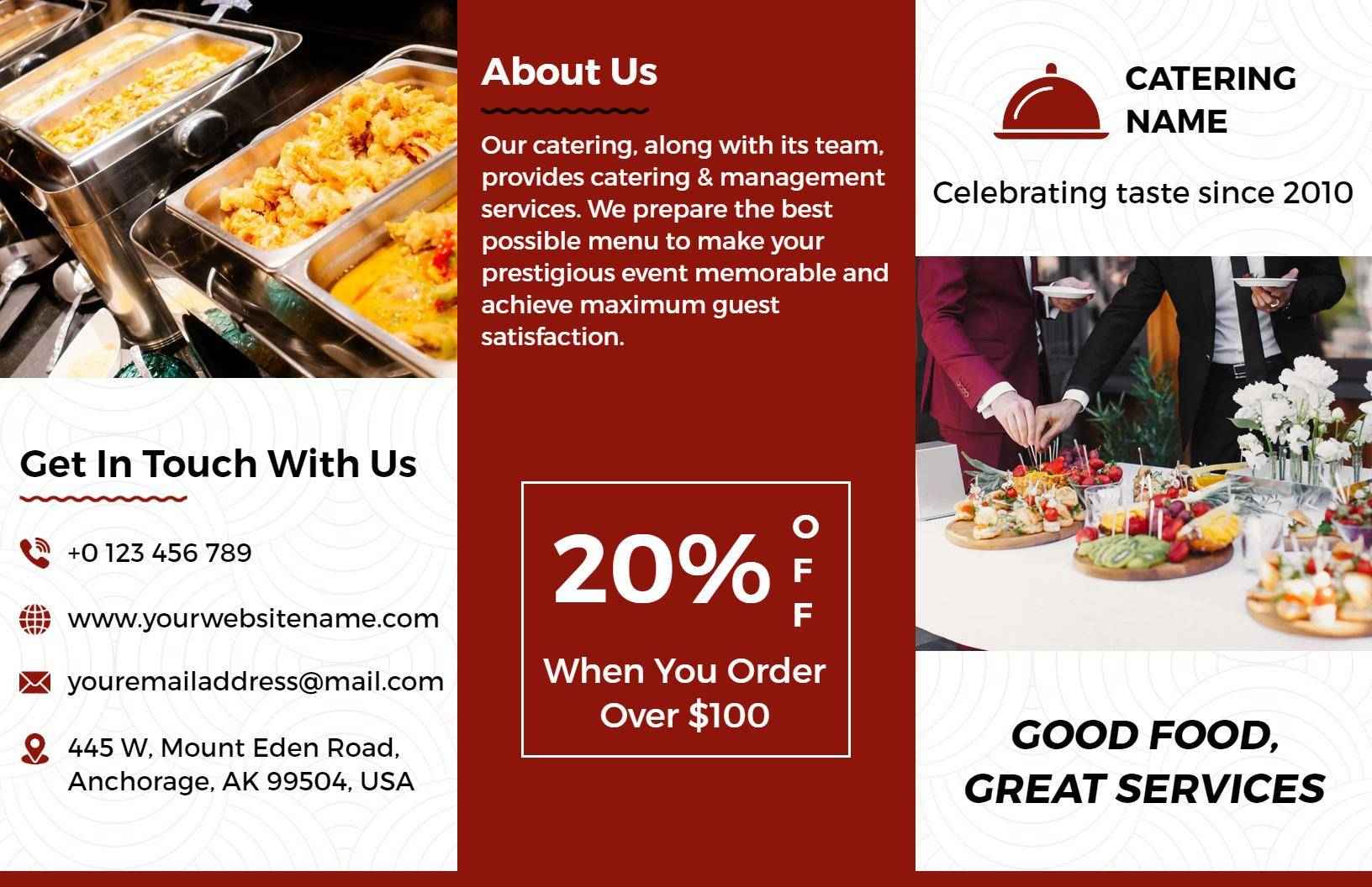 Elegant Red Catering Services Event Management Brochure Template