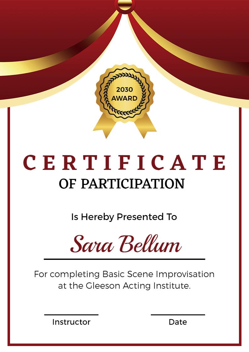 Elegant Red Curtain Award for Participation Certificate Template