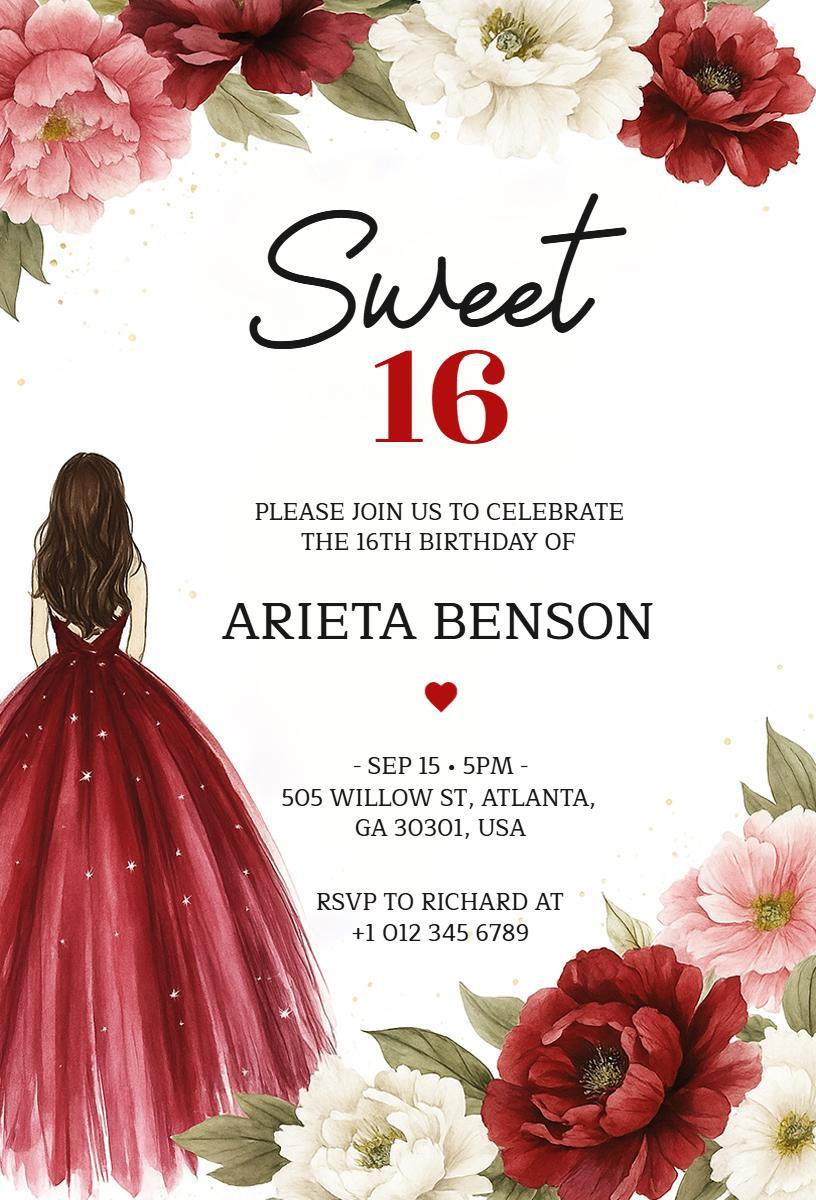 Elegant Red Floral Sweet 16 Birthday Celebration Invitation Template