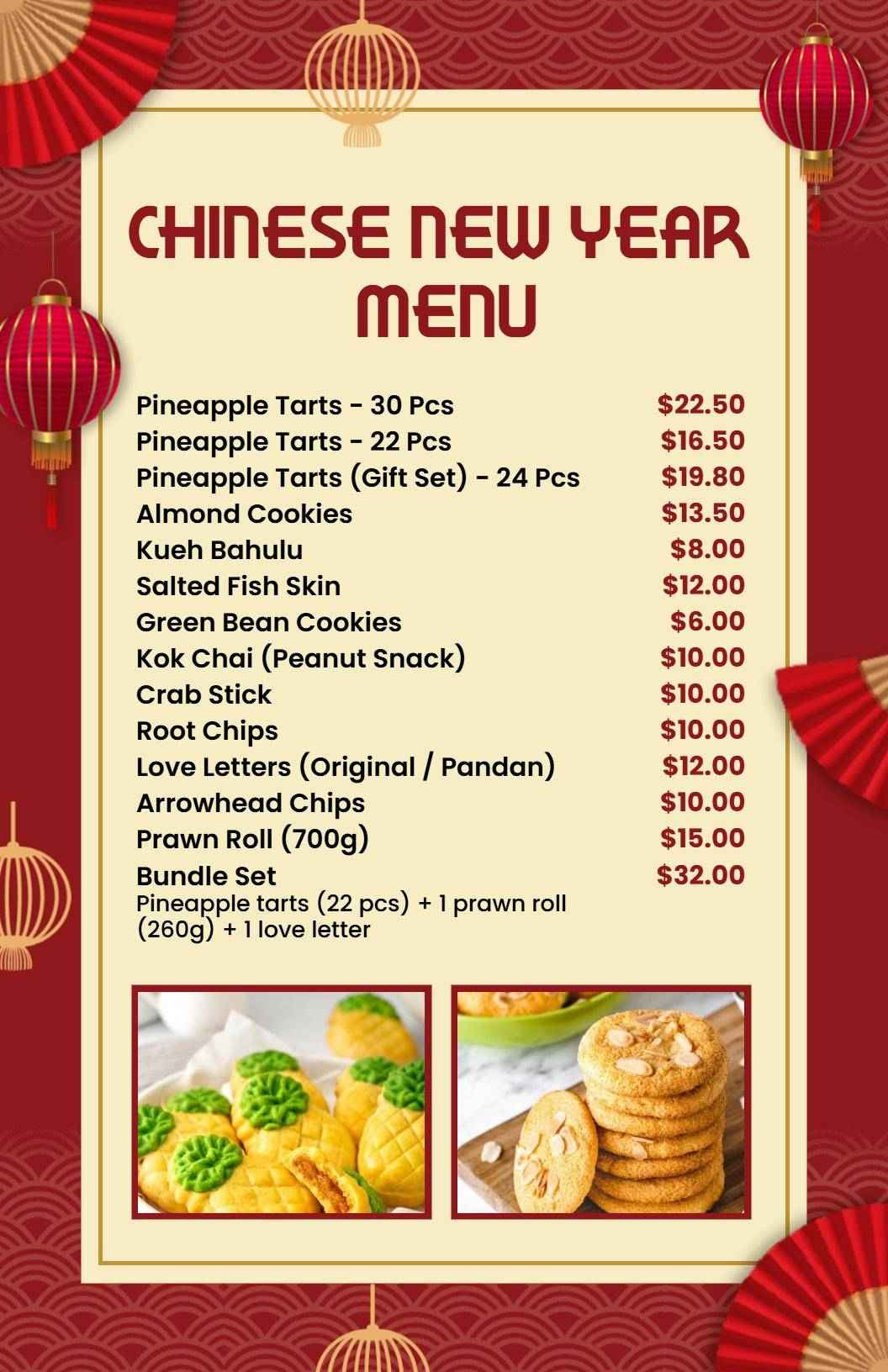 Elegant Red Gold Chinese New Year Snack Selection Menu Template