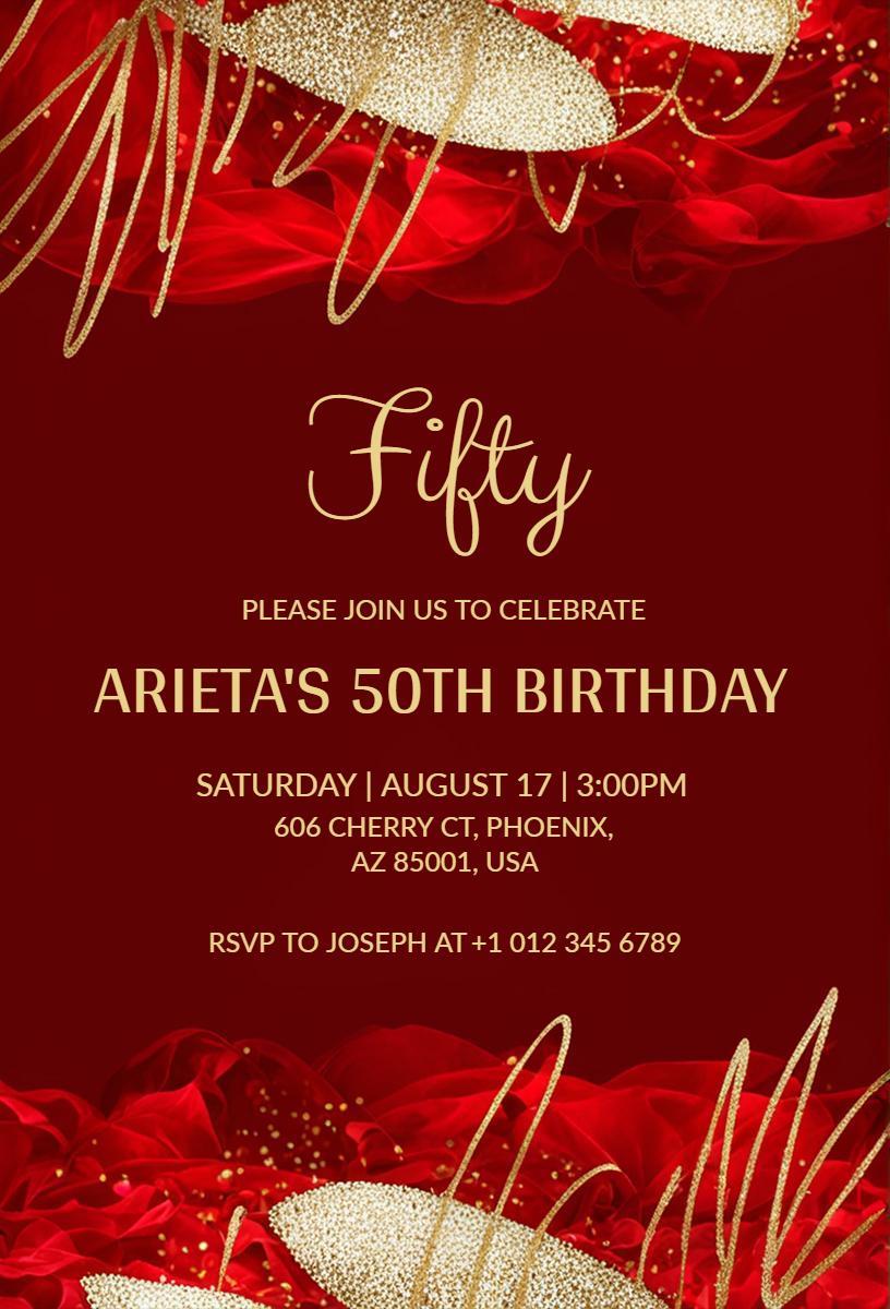 Elegant Red Gold Fifty Birthday Celebration Invitation Template
