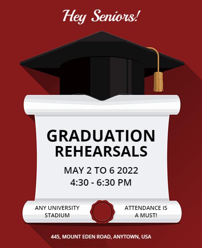 Elegant Red Graduation Rehearsal Announcement Poster Template