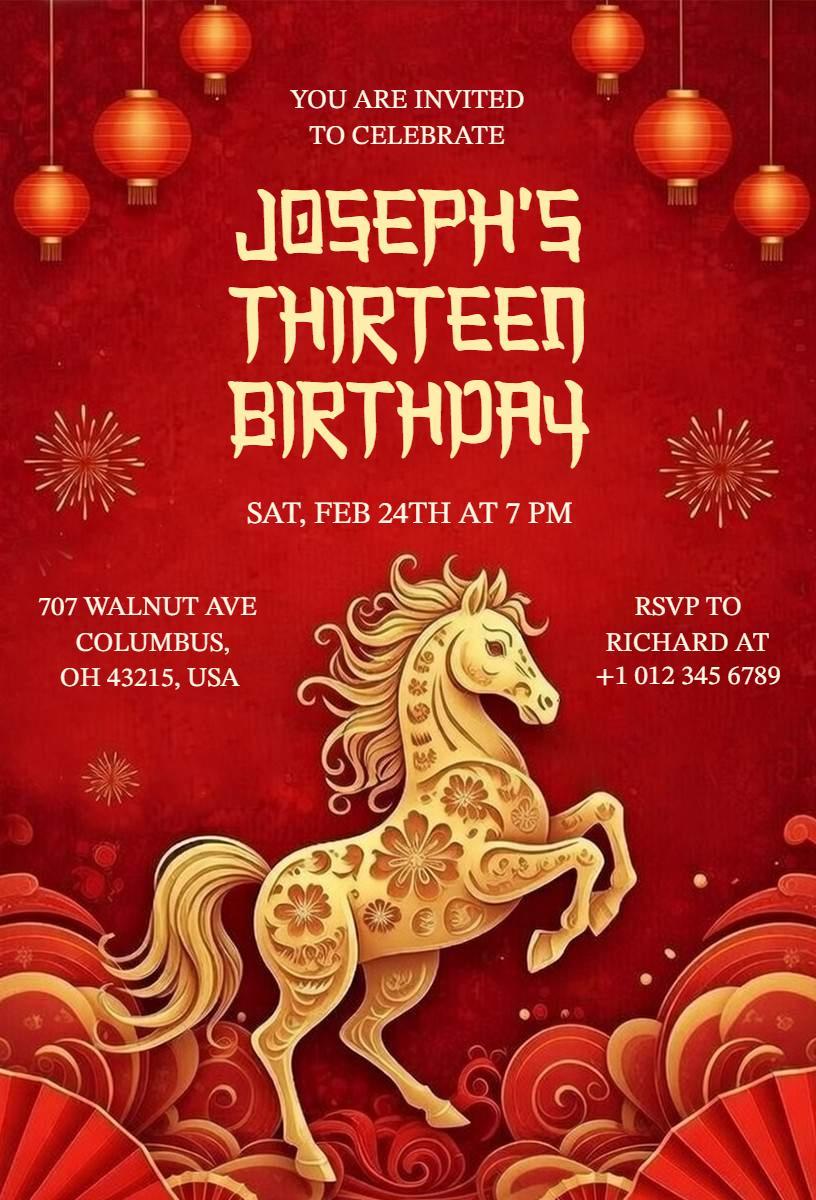 Elegant Red Horse Theme 13th Birthday Celebration Invitation Template