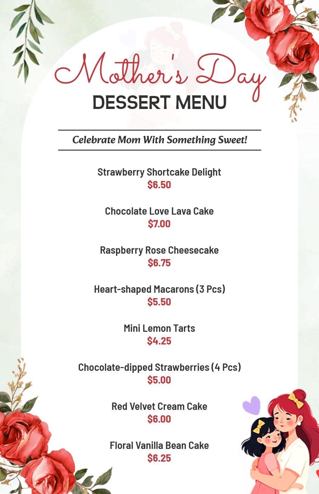 Elegant Red Rose Themed Mother's Day Dessert Menu Template