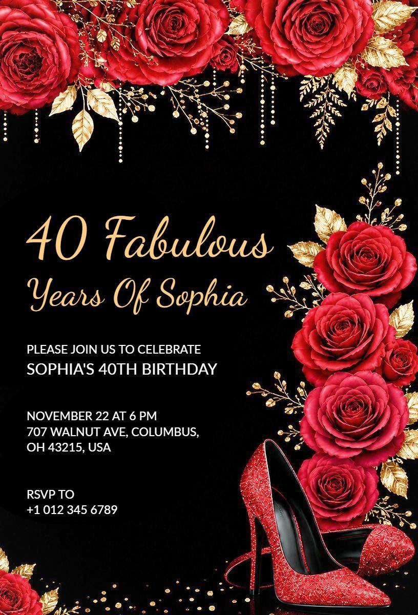 Elegant Red Roses 40th Birthday Celebration Invitation Template