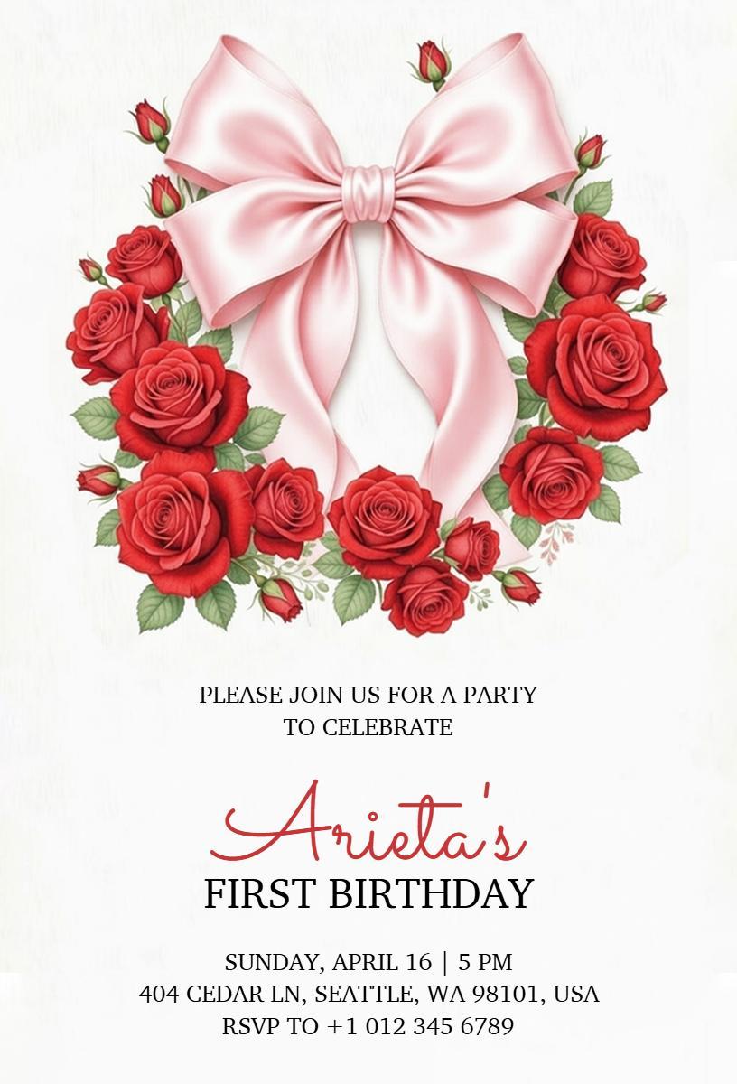 Elegant Red Roses Bow First Birthday Celebration Invitation Template