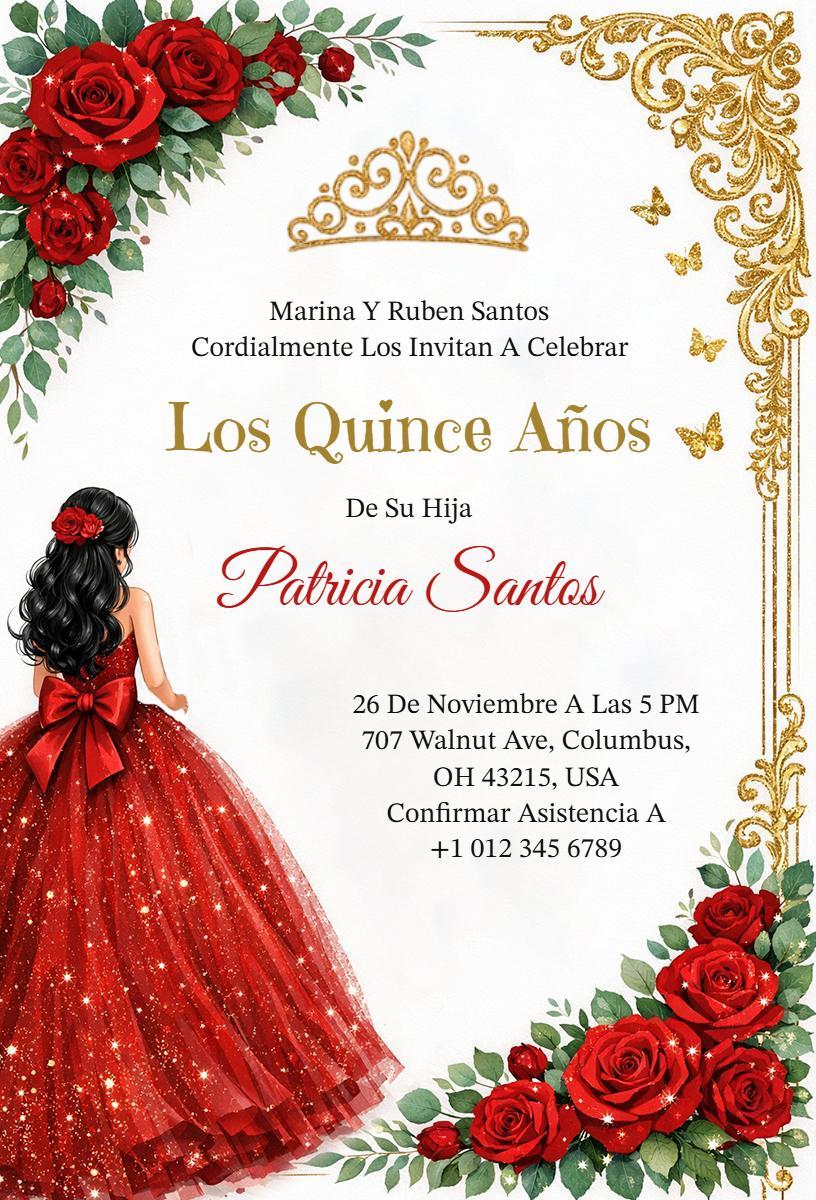 Elegant Red Roses Quinceanera Celebration Invitation Template