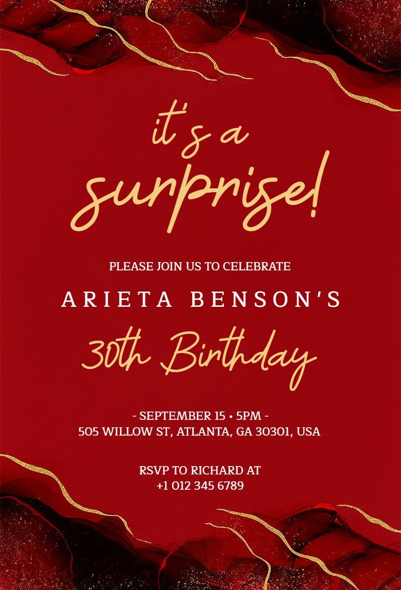 Elegant Red Surprise Birthday Celebration Invitation Template