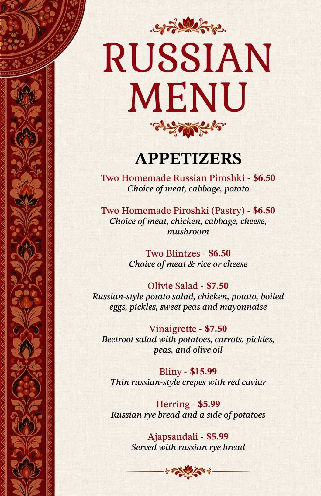 Elegant Red Themed Russian Dining Experience Menu Template