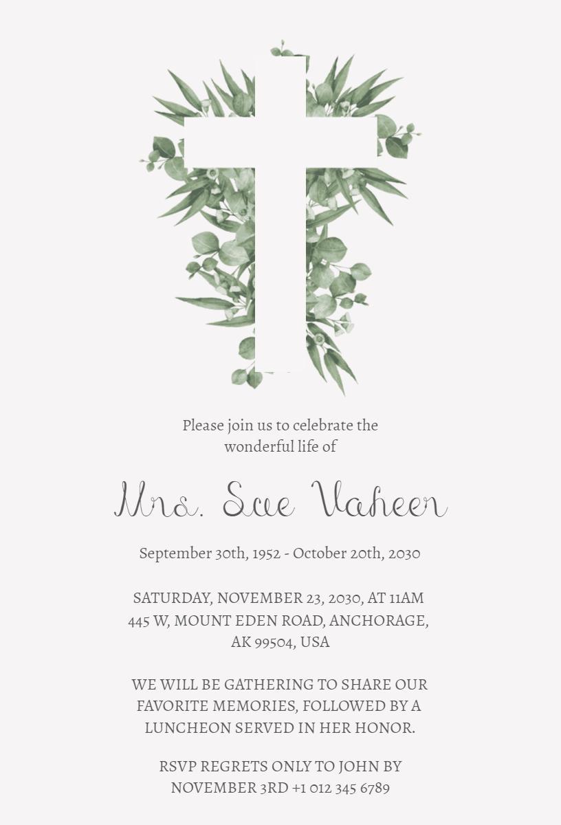 Elegant Religious Cross Memorial Tribute Funeral Invitation Template