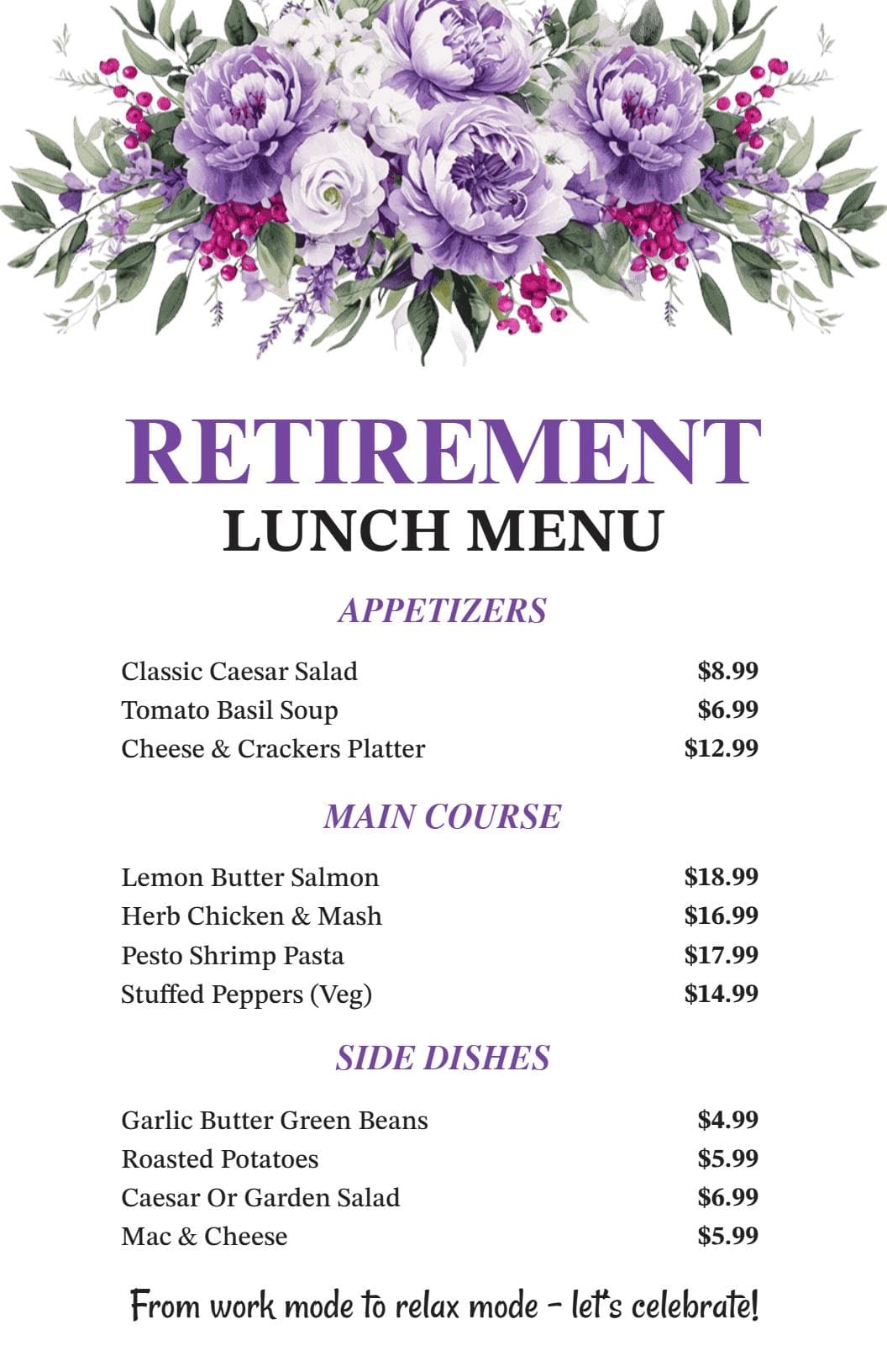 Elegant Retirement Celebration with Tasty Dishes Lunch Menu Template
