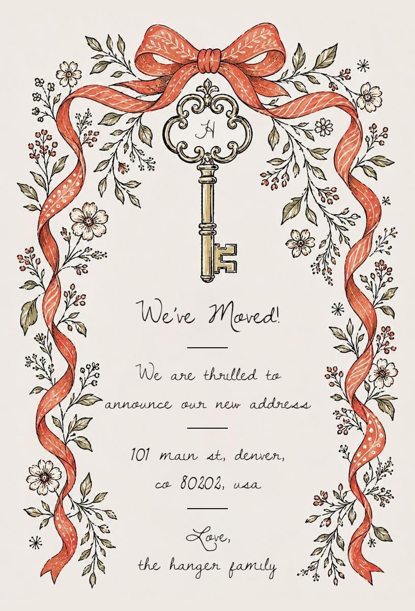 Elegant Ribbon and Key Moving Announcement Template