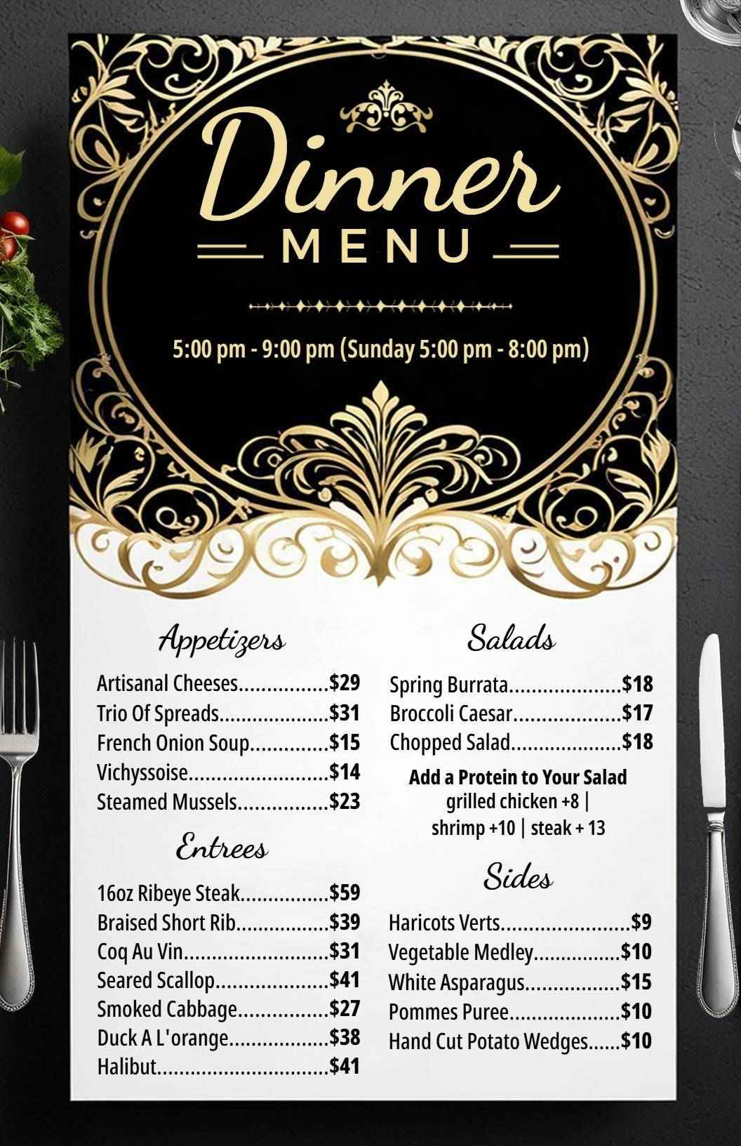 Elegant Ribeye Steak and Seasonal Sides Dinner Menu Template