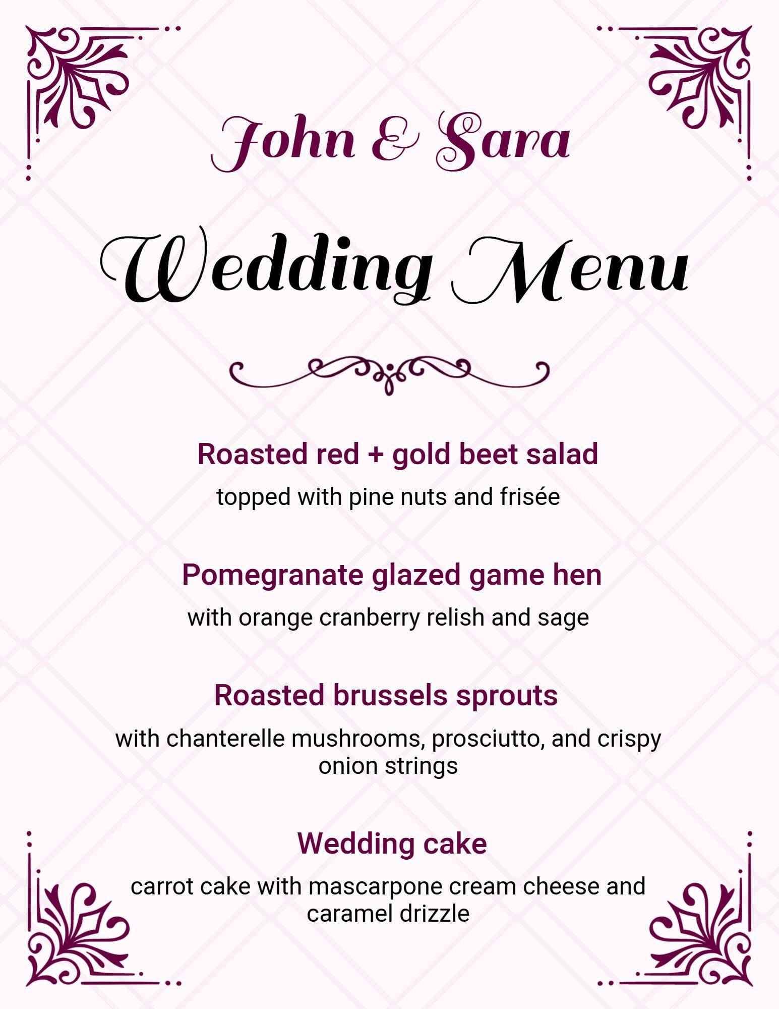 Elegant Roasted Beet Salad and Game Hen Specialties Wedding Menu Template