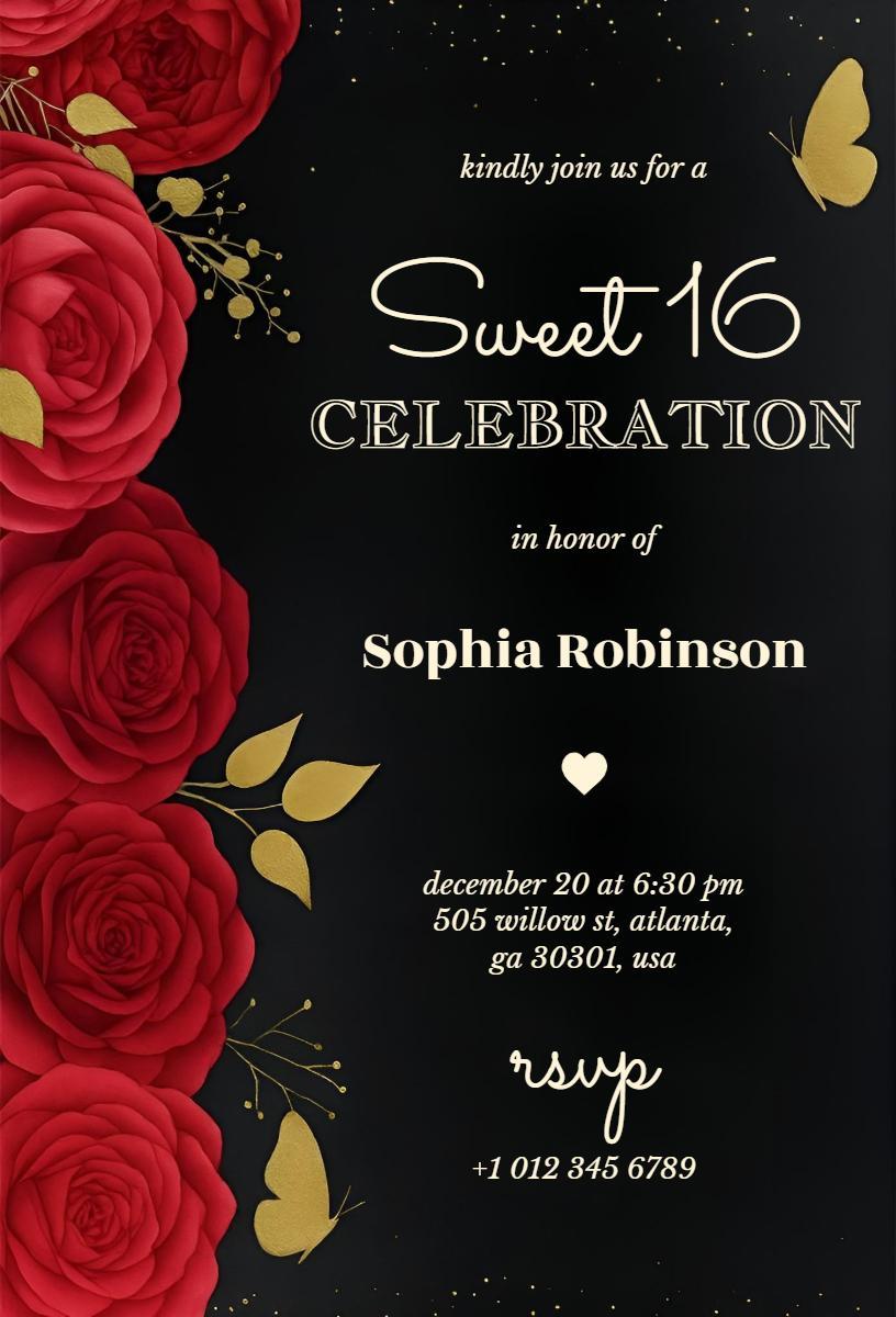 Elegant Rose Black Sweet 16 Birthday Celebration Invitation Template