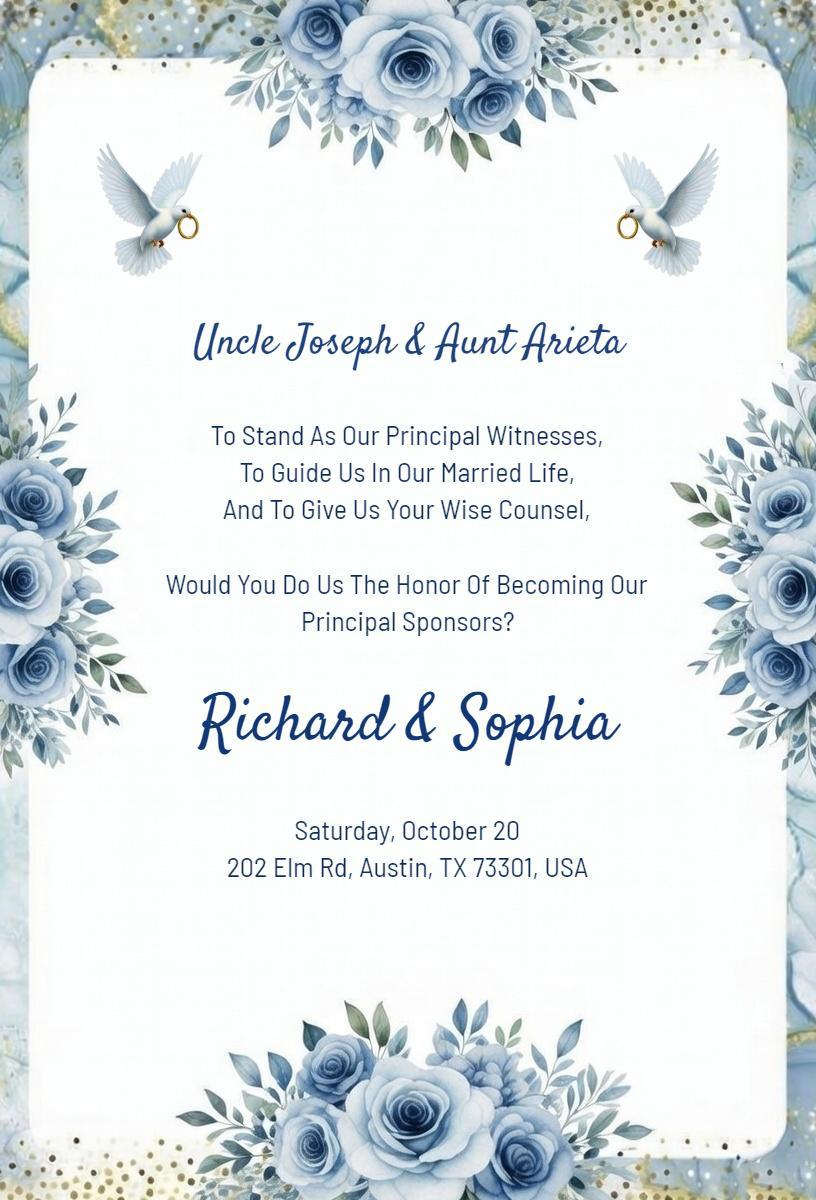 Elegant Rose Blue Floral Wedding Ceremony Invitation Template