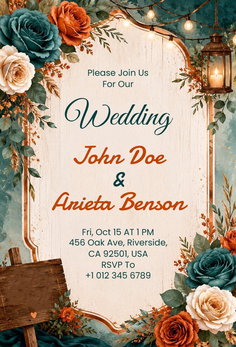 Elegant Rose Floral Romantic Wedding Celebration Invitation Template