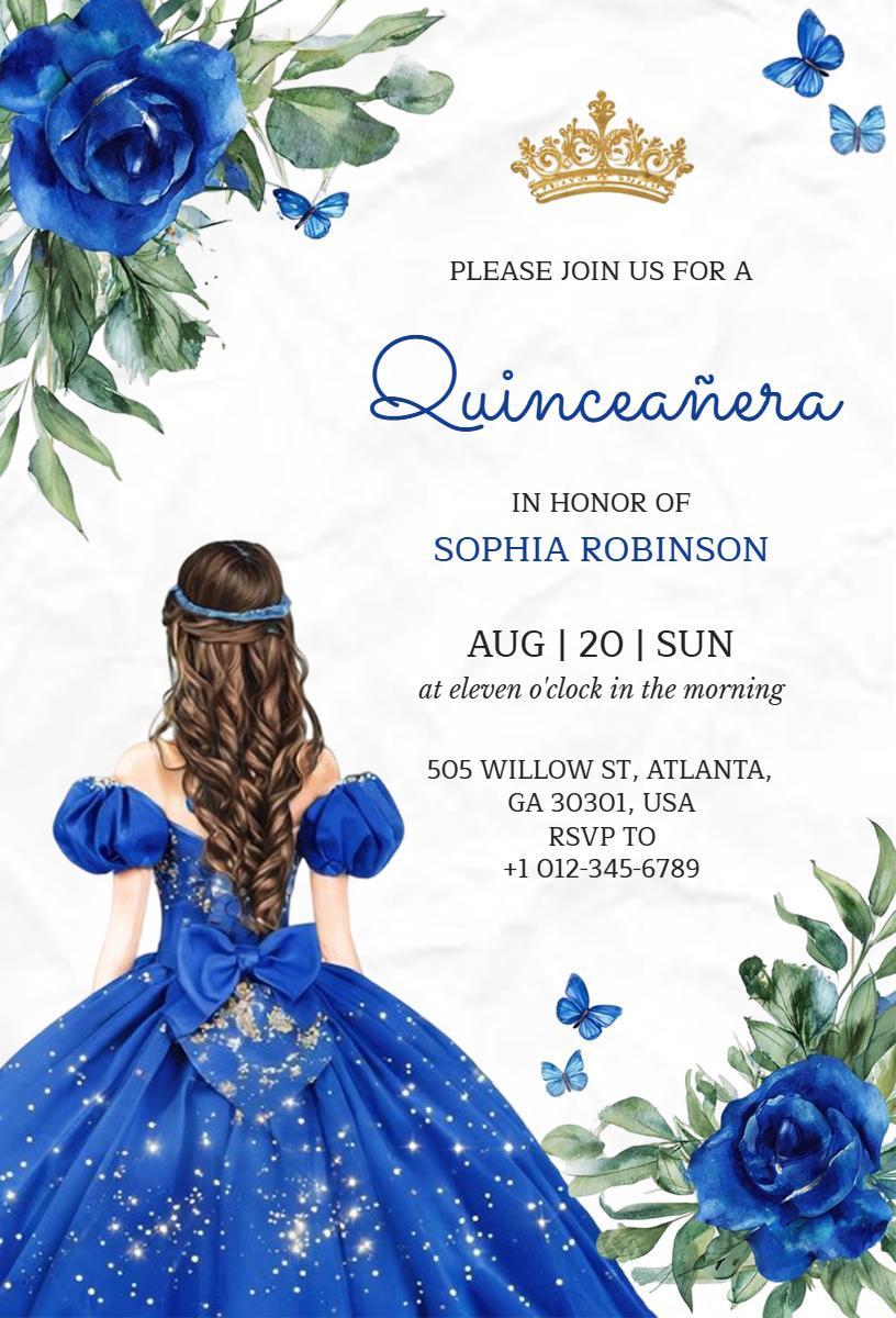 Elegant Royal Blue Floral Quinceanera Celebration Invitation Template