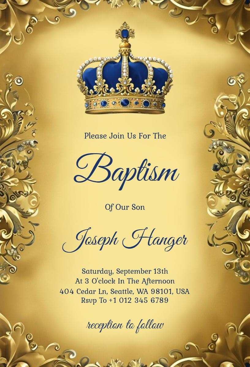 Elegant Royal Gold Crown Baptism Celebration Invitation Template
