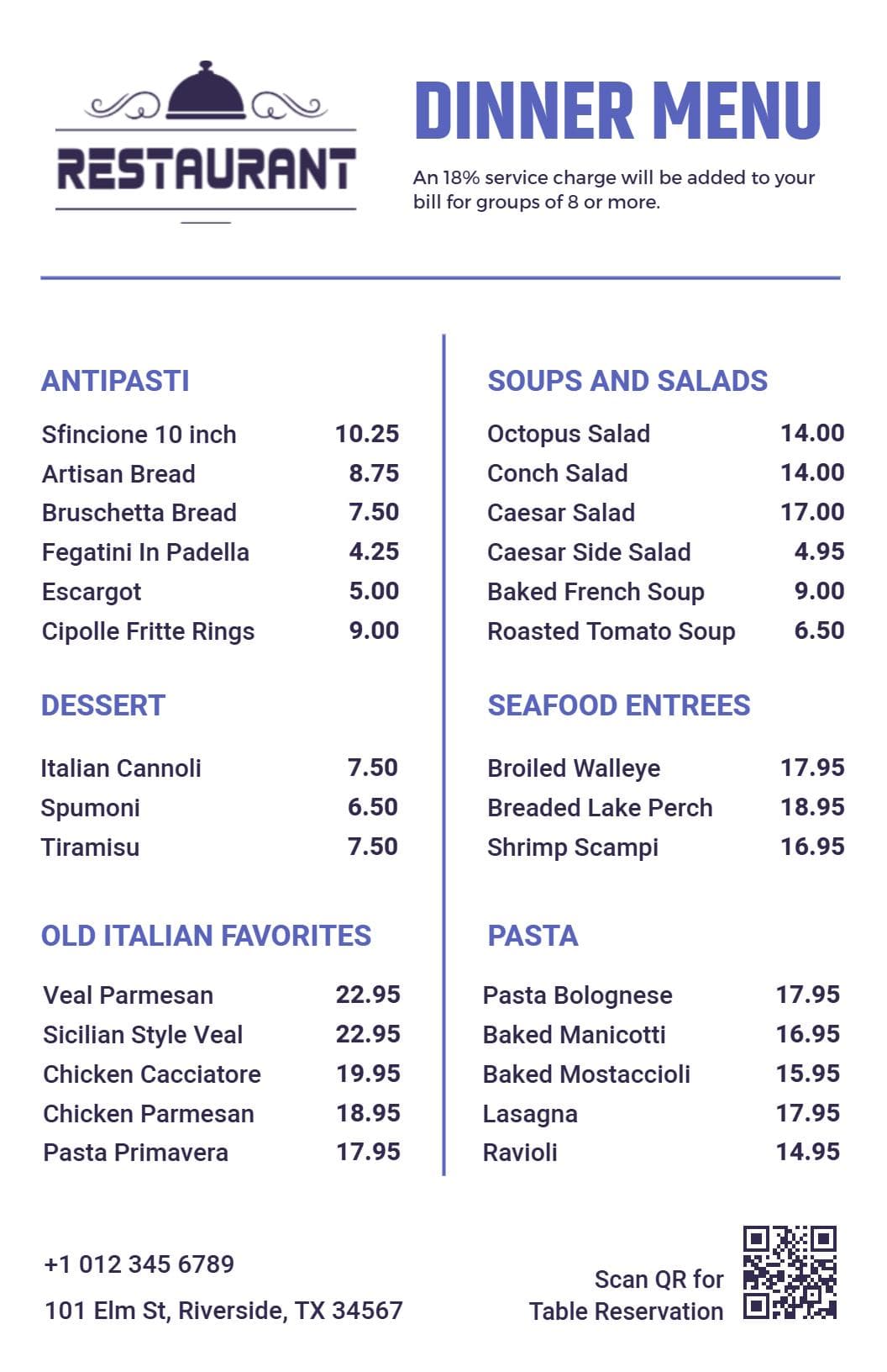 Elegant Seafood and Old Italian Classics for a Perfect Dinner Menu Template