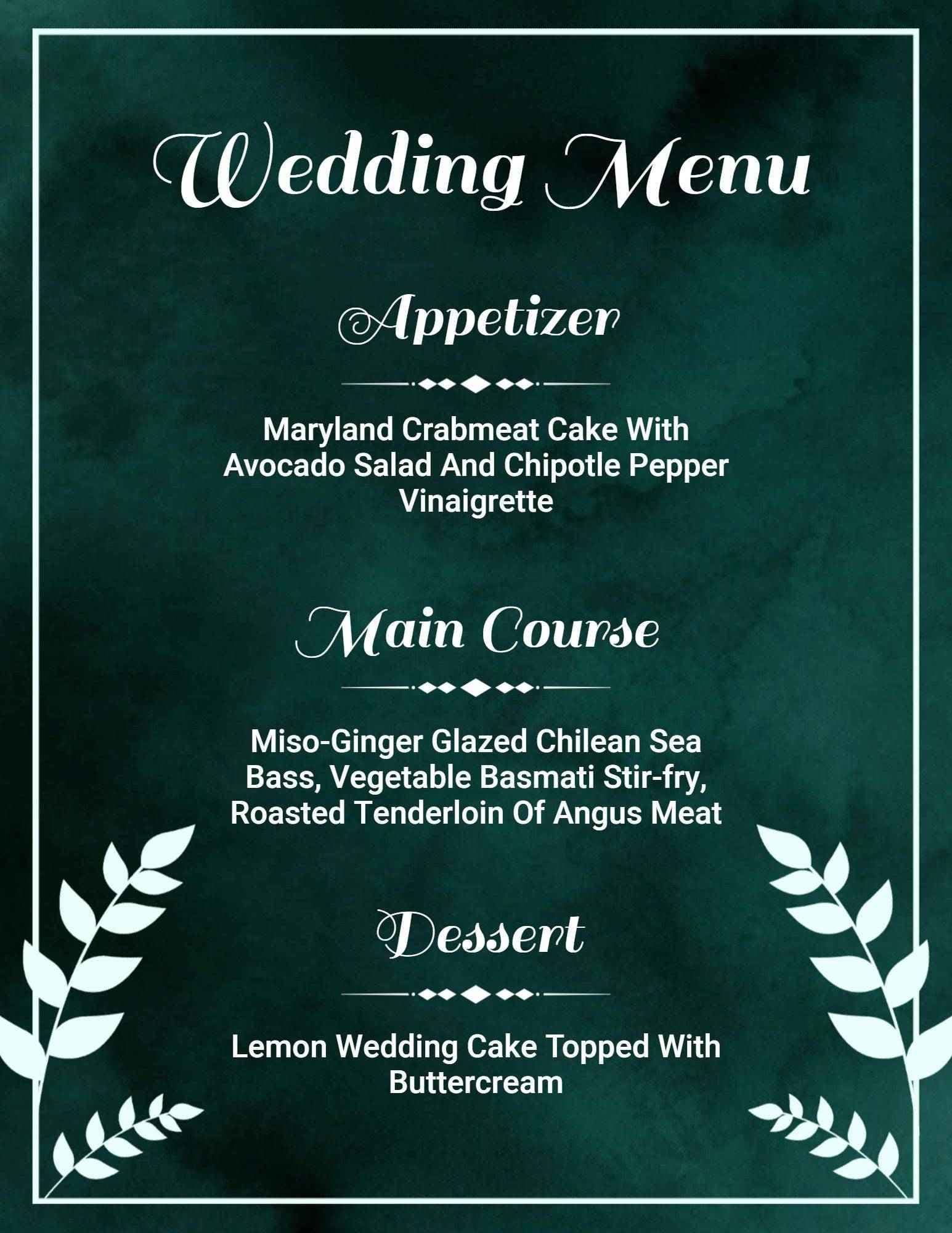 Elegant Seafood and Tender Meat Dishes for Your Wedding Menu Template