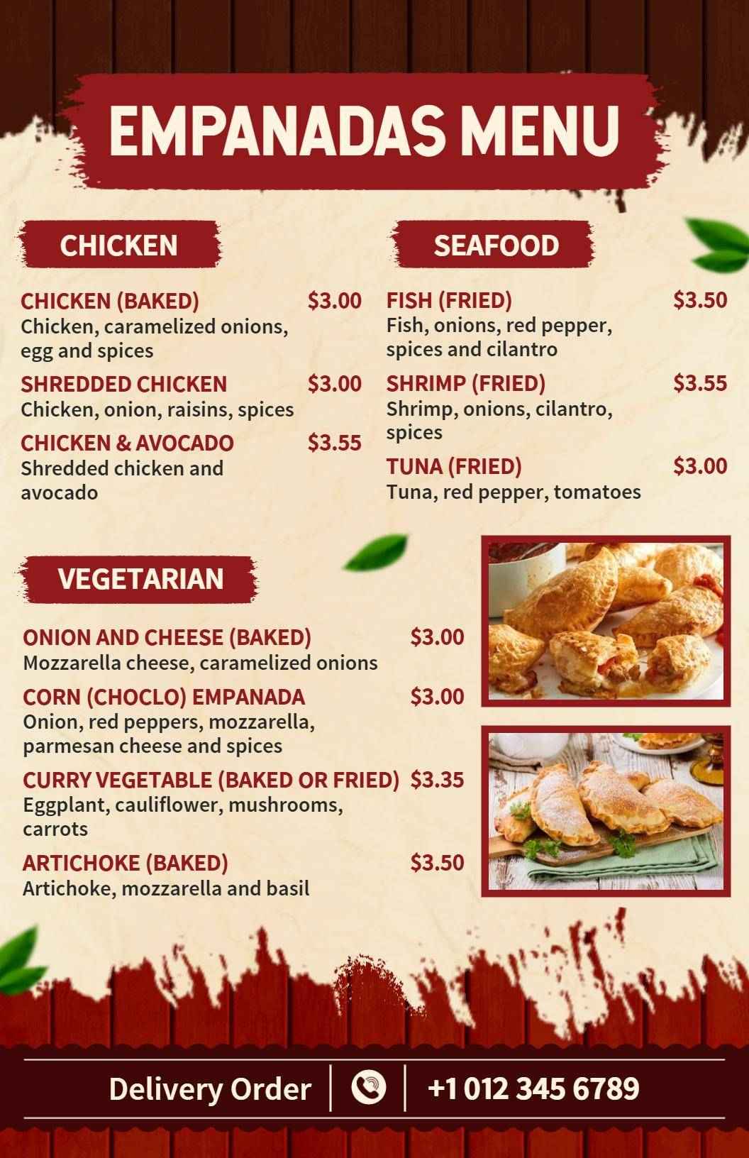 Elegant Seafood and Vegetarian Empanadas Offer Menu Template