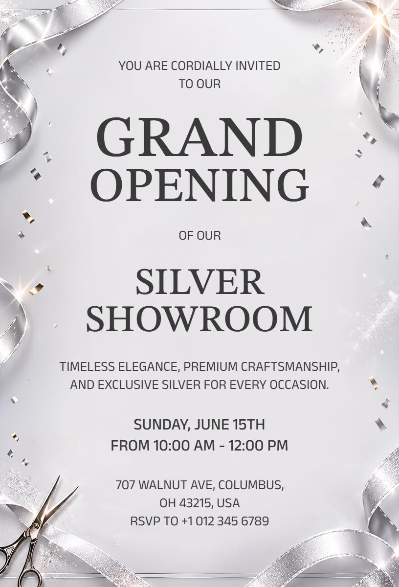 Elegant Silver Showroom Grand Opening Invitation Template