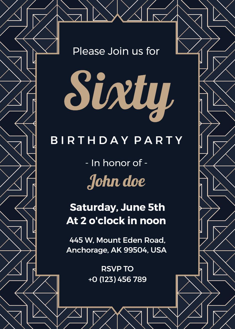 Elegant Sixty Birthday Party Celebration Invitation Template