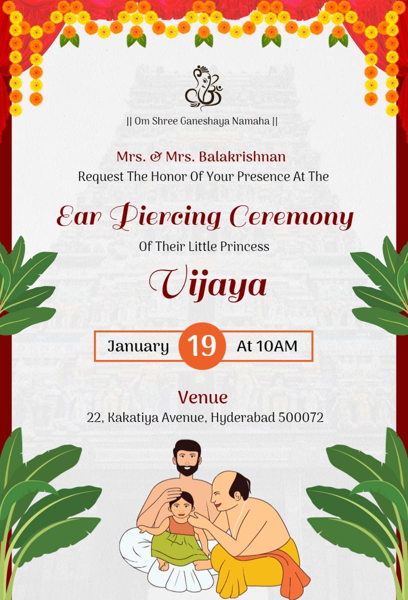 Elegant South Indian Ear Piercing Ceremony Invitation Template
