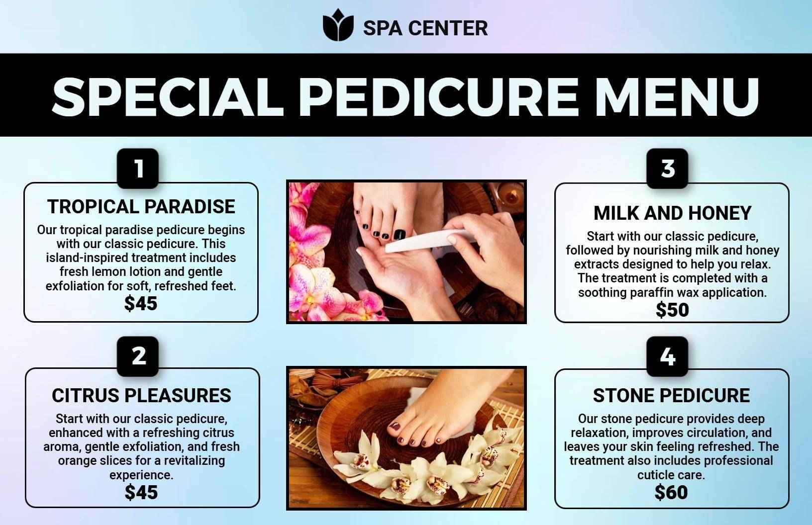 Elegant Spa Special Pedicure Service Options Menu Template