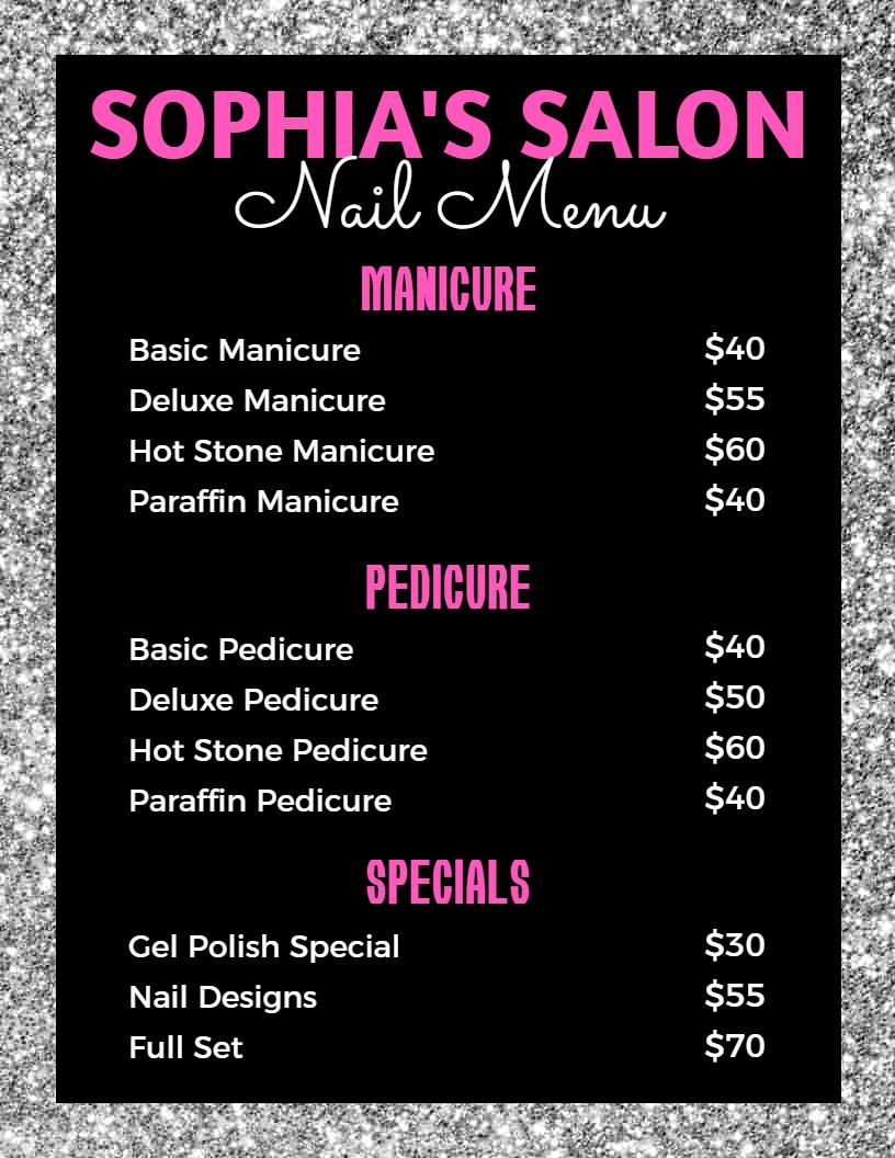 Elegant Sparkling Silver and Black Nail Service Menu Template
