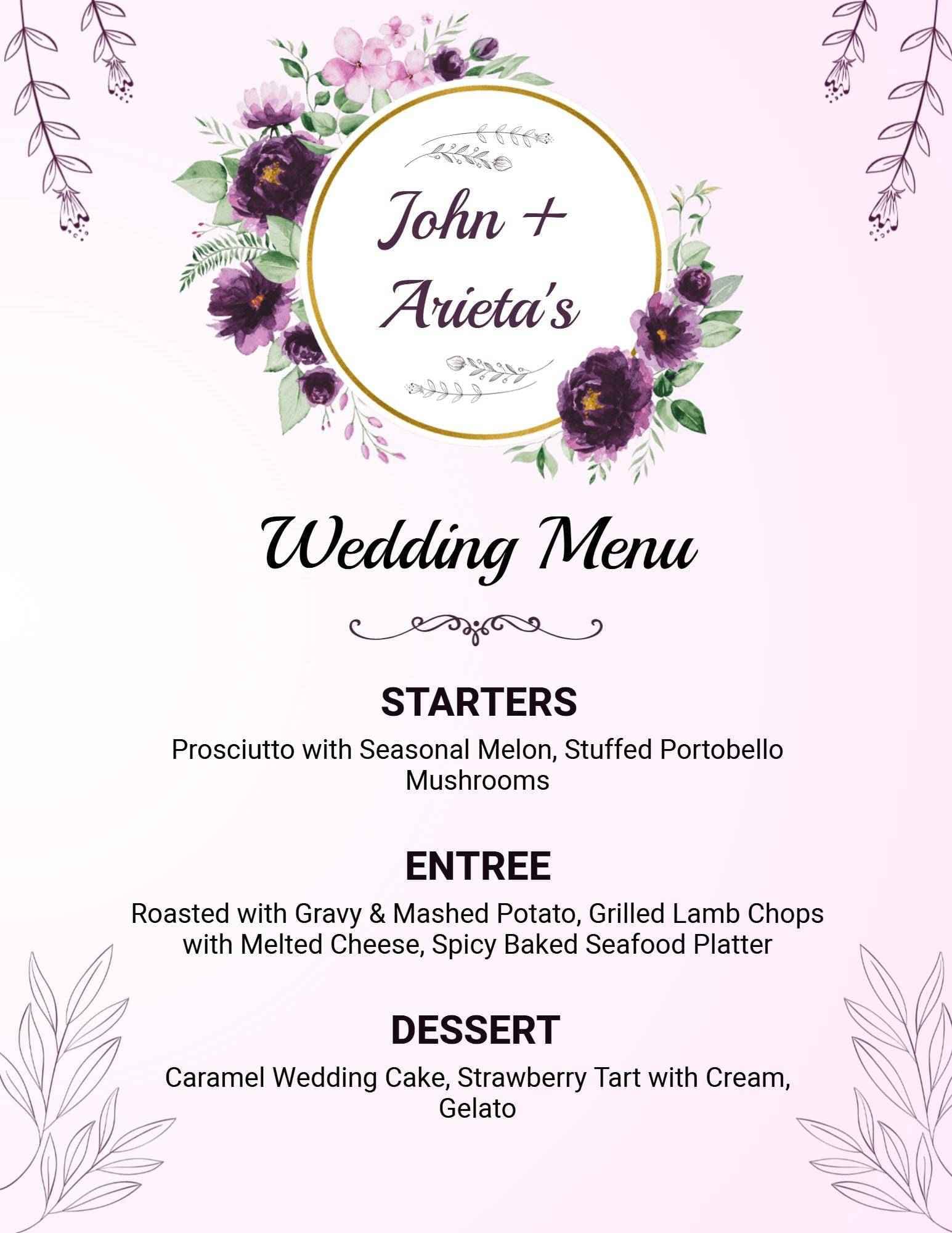 Elegant Starters and Delectable Desserts for Your Wedding Menu Template