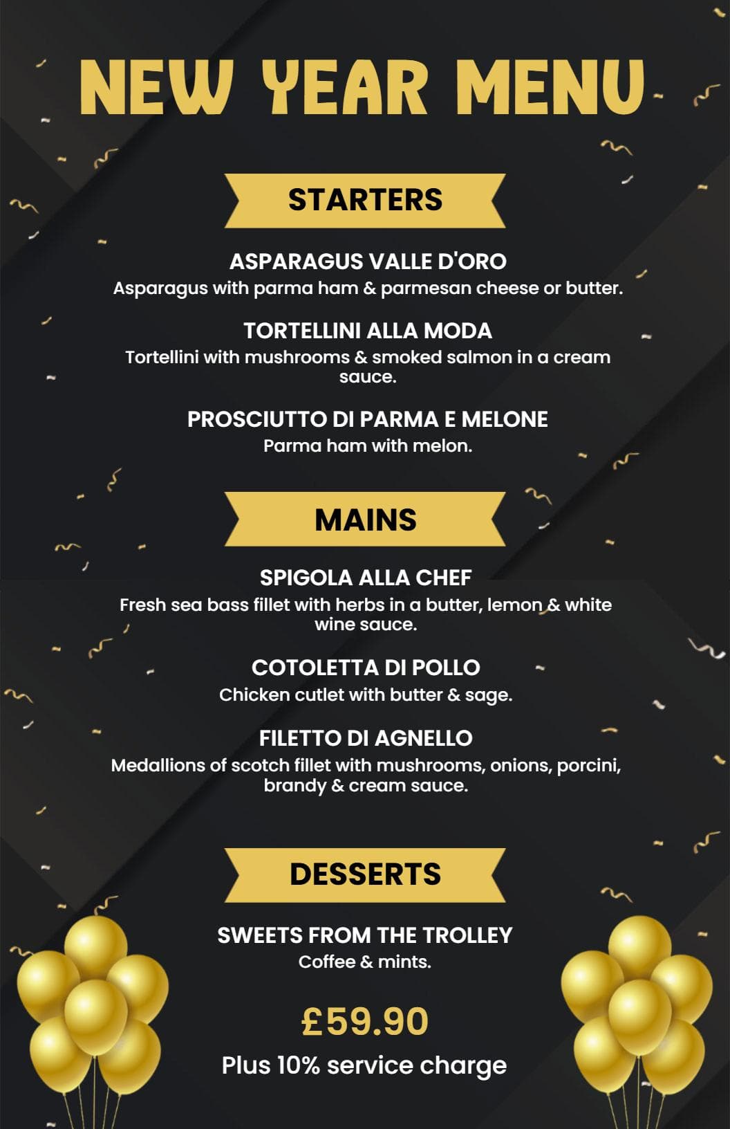 Elegant Starters and Mains with Decadent Desserts New Year Menu Template