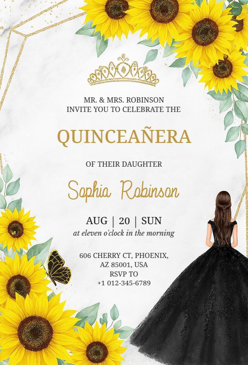 Elegant Sunflower Black Dress Quinceanera Invitation Template