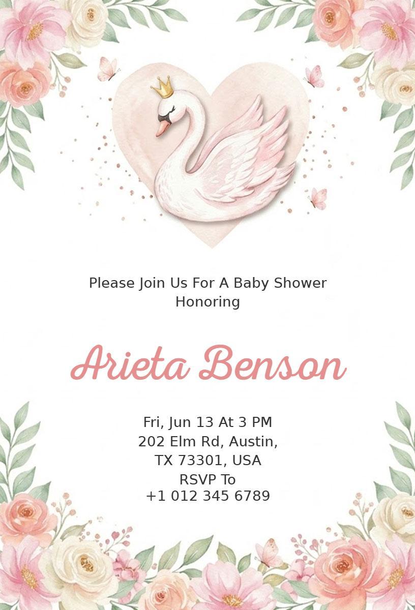 Elegant Swan Theme Floral Baby Shower Invitation Template