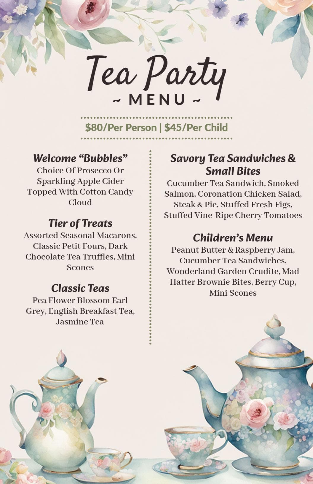 Elegant Tea Party Selections with Savory Treats Tea Menu Template