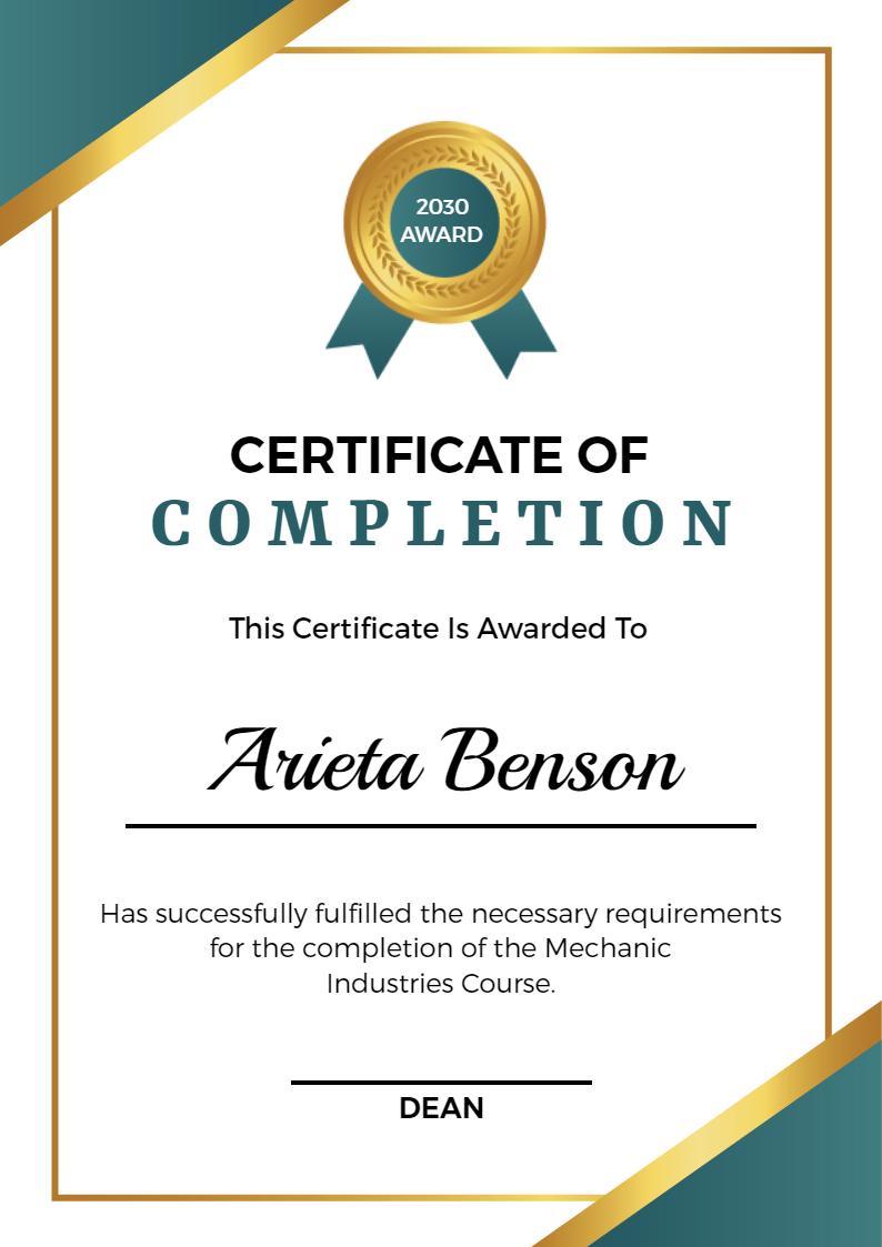 Elegant Teal and Gold Mechanic Industries Completion Certificate Template