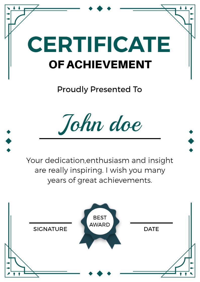 Elegant Teal Decorative Achievement Recognition Certificate Template