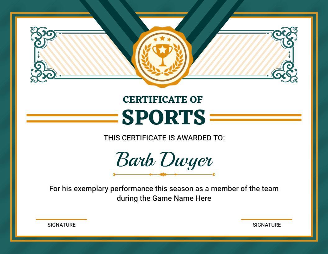 Elegant Teal Decorative Sports Achievement Certificate Template