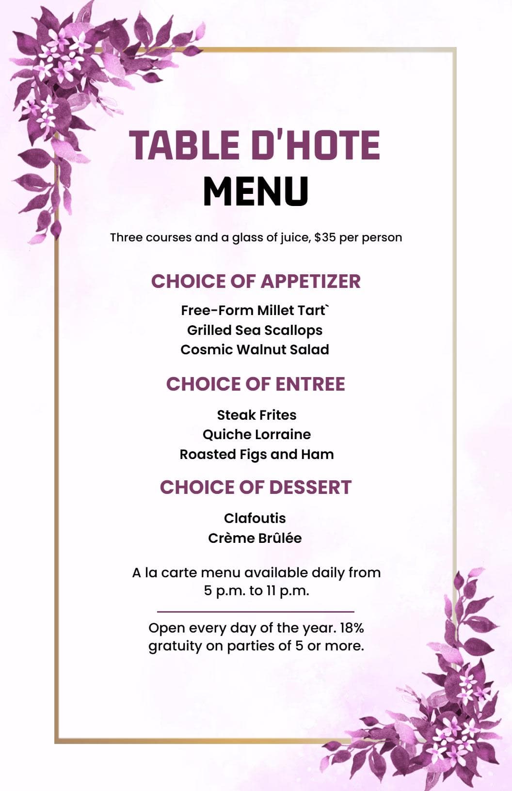 Elegant Three-Course Dining Experience with Unique Choices Hotel Menu Template