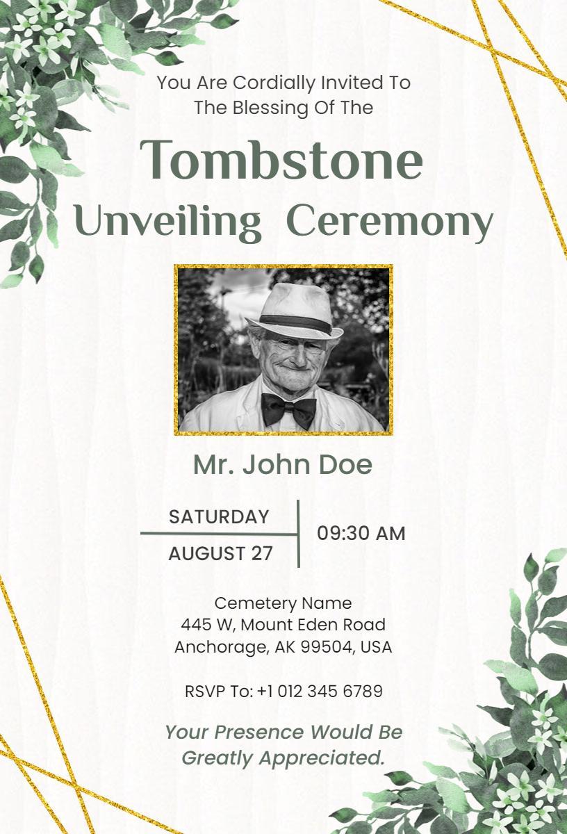 Elegant Tombstone Unveiling Ceremony Funeral Invitation Template