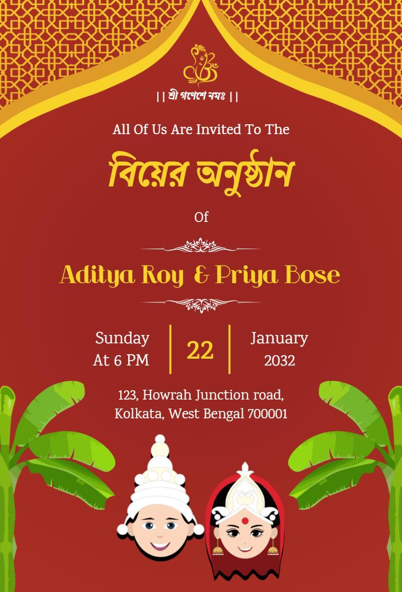 Elegant Traditional Bengali Indian Wedding Invitation Template