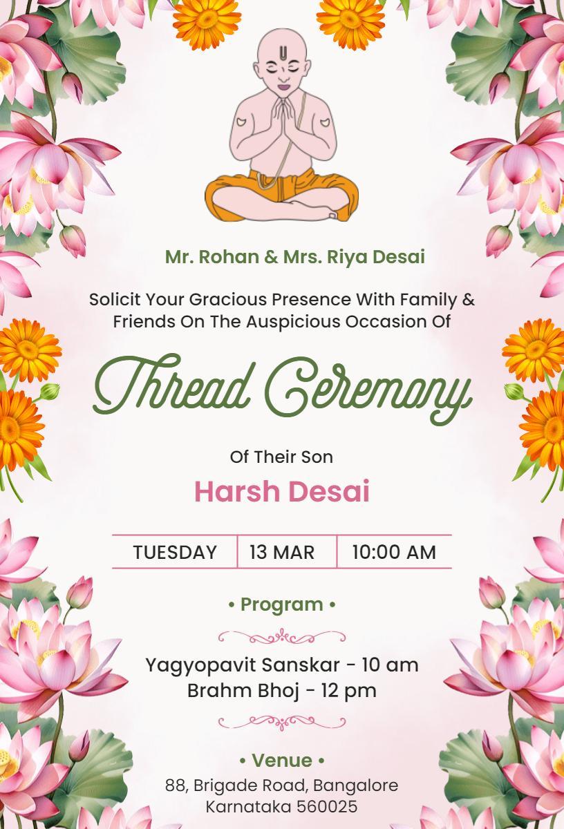 Elegant Traditional Hindu Thread Ceremony Family Invitation Template