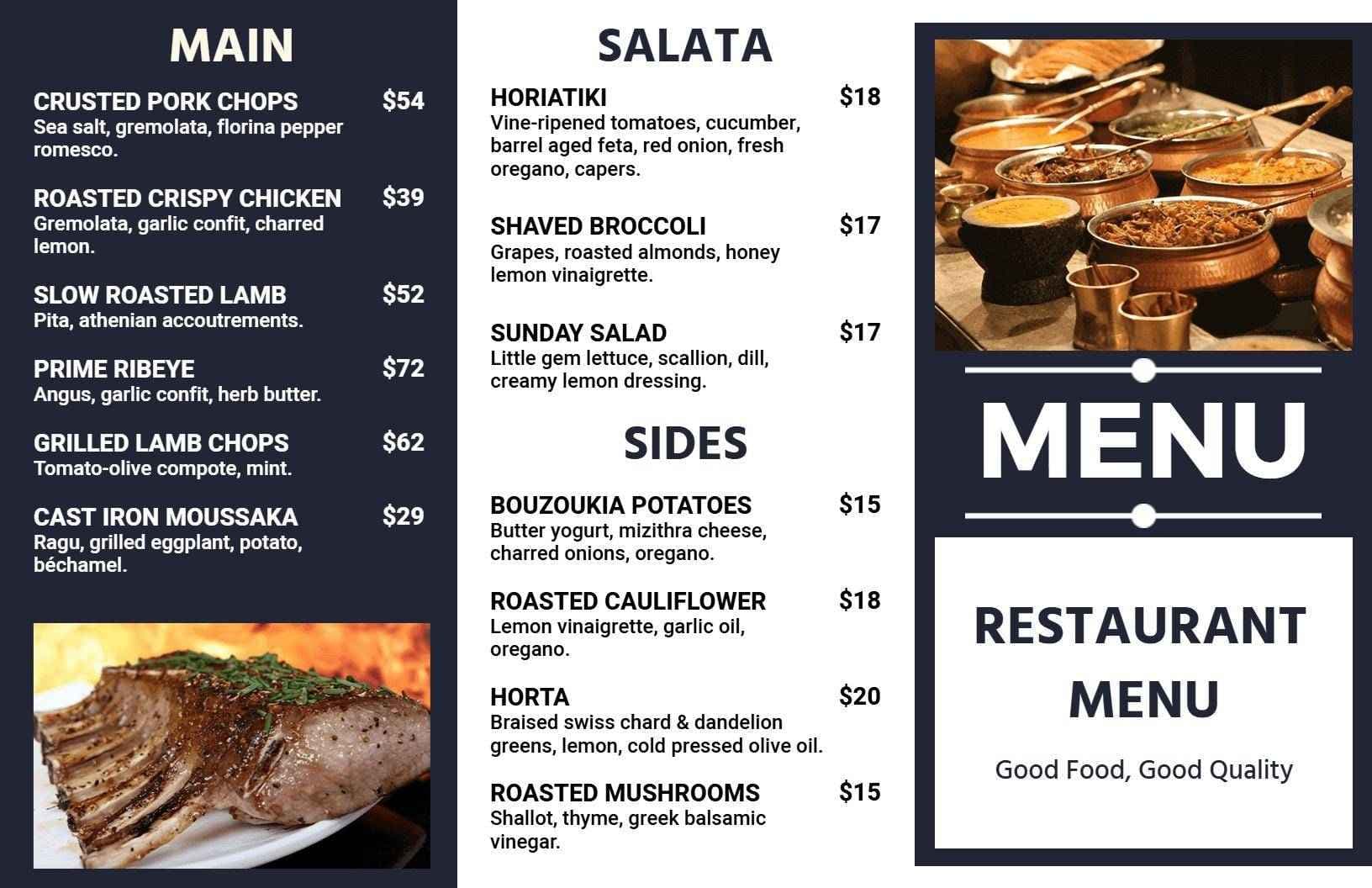 Elegant Tri Fold Menu Showcasing Mediterranean Flavors and Dishes Template